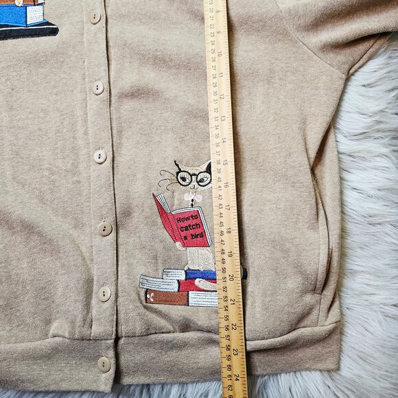 Vintage Bon Worth Cat Book Embroidered Cardigan Sweater Large Grandma Librarian - Picture 9 of 9